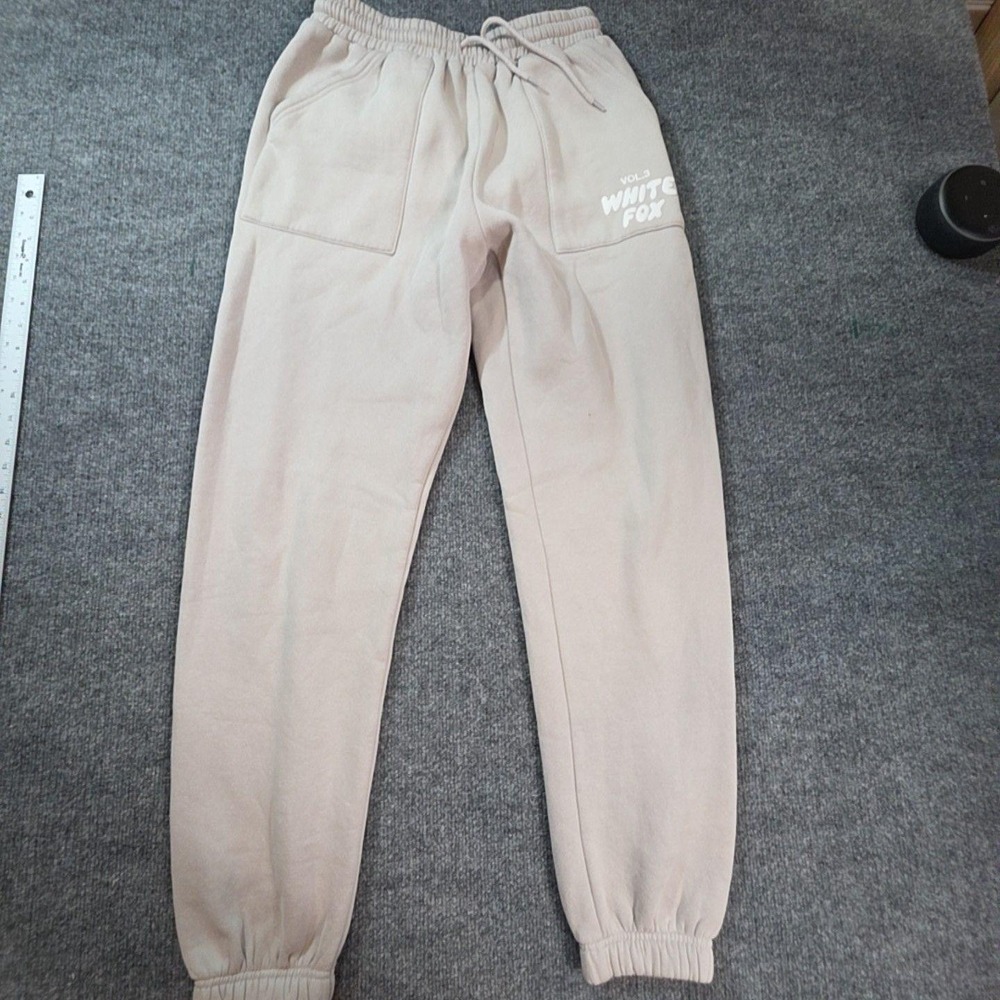 White Fox Sweatpants Womens Small Beige Fleece Jogger Elastic Cuff Logo Casual